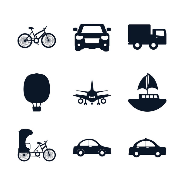 Veículos de transporte isolados silhueta estilo ícone conjunto vetor design
 - Vetor, Imagem