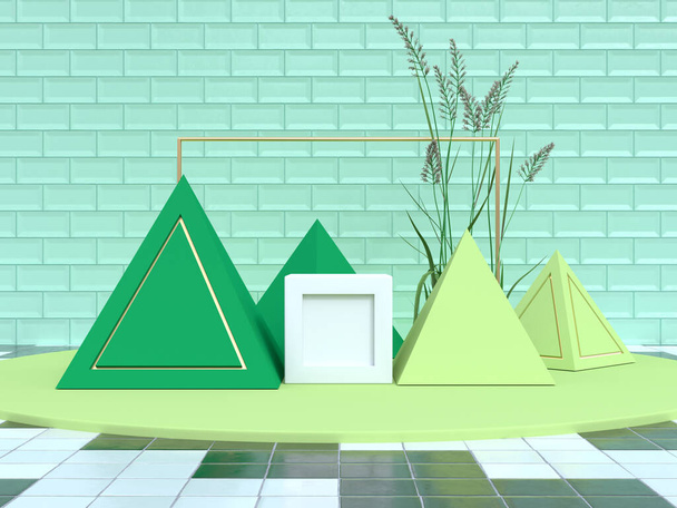 green scene geometric shape set podium 3d rendering - Φωτογραφία, εικόνα