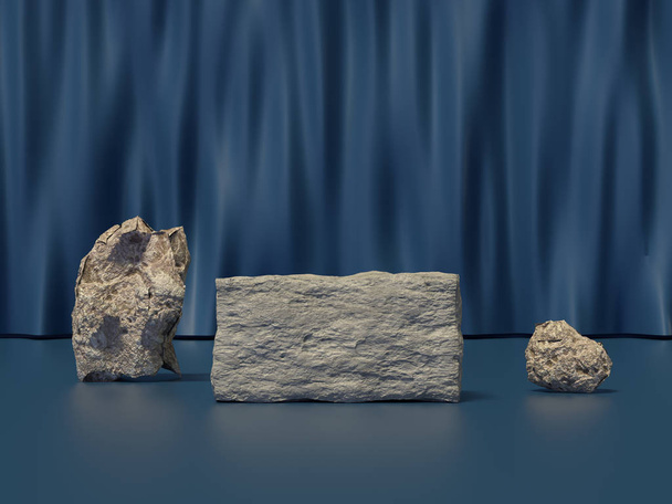 kő kő készlet kék függöny jelenet 3d render - Fotó, kép