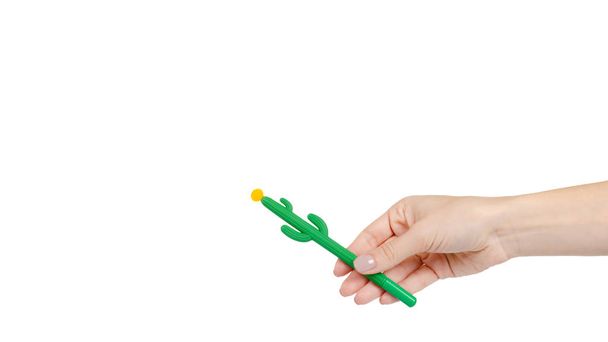 Hand with cactus shape pen, fun school tool for kids. Isolated on white background. Copy space, template. - Foto, Imagen