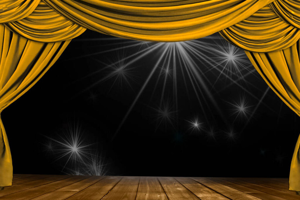 Színházi függöny és világítás a színpadon. A színház függönyének illusztrációja. - Fotó, kép
