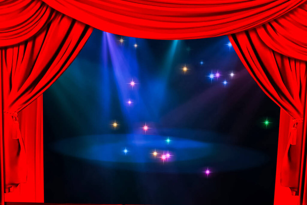 Sahnede tiyatro perdesi ve ışıklandırma. Tiyatronun perdesinin görüntüsü. - Fotoğraf, Görsel