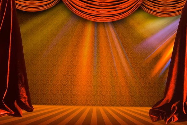 Színházi függöny és világítás a színpadon. A színház függönyének illusztrációja. - Fotó, kép