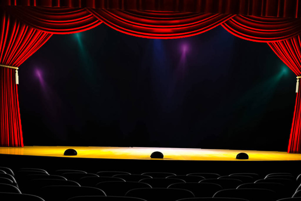 Theater gordijn en verlichting op het podium. Illustratie van het gordijn van het theater. - Foto, afbeelding