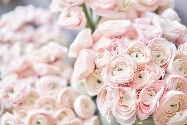 Spring background, flower Wallpaper. Persian buttercup. Bunch pale pink ranunculus flowers on light gray background. Glass vase on vintage wooden table. Wallpaper - Fotó, kép