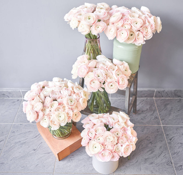 Lot of flowers Persian buttercup. Bunch pale pink ranunculus flowers on light gray background. Glass vase on vintage wooden table. Wallpaper - Photo, Image