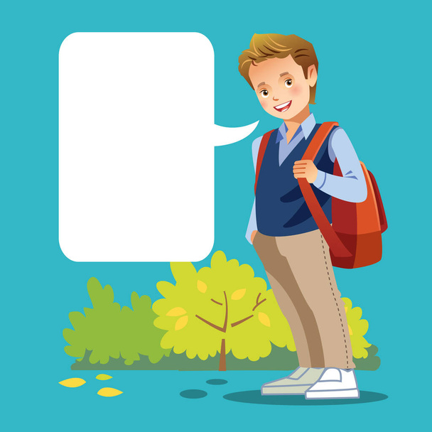 Cute boy go to school. Greeting card with a place under the text. Vector cartoon illustration. - Vector, Image