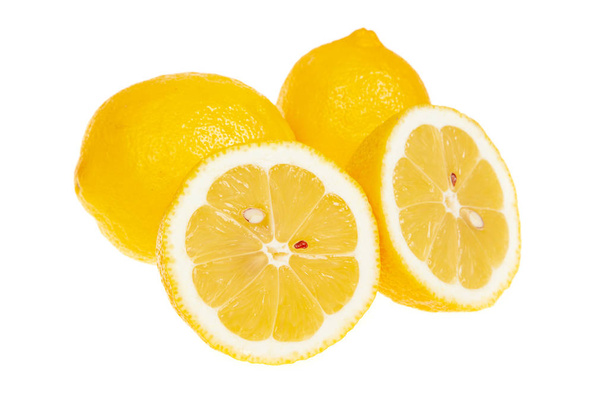 two whole and two half lemons, isolated on white background - Photo, Image