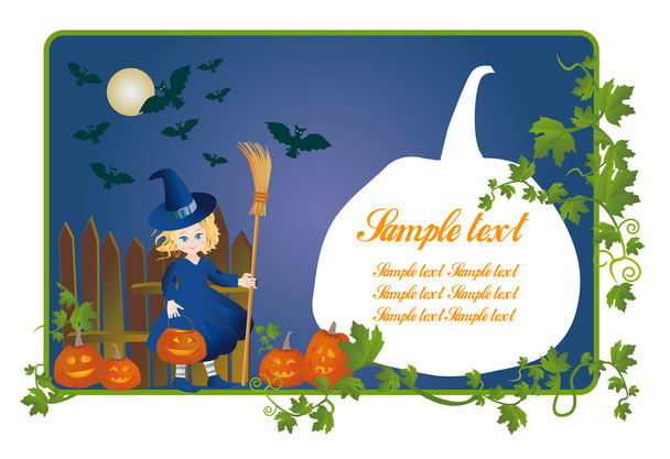 Kleine Hexe mit Kürbis-Laterne zu Halloween - Vektor, Bild
