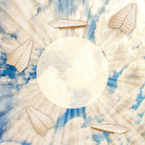 Paper planes and stylized watercolor sky with clouds - Photo, Image