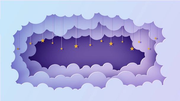 Night sky clouds rectangular frame with stars on rope in paper cut style. Cut out 3d background with violet blue gradient cloudy landscape papercut art. Vector card for wish good night sweet dreams. - Vector, Image