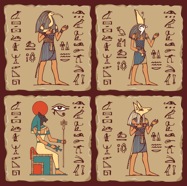 エジプトの神々と象形文字とセラミックタイルの形でベクトルバナーのセット。古代エジプトをテーマにしたカラーイラスト。旅行代理店用の広告ポスター又はチラシ - ベクター画像