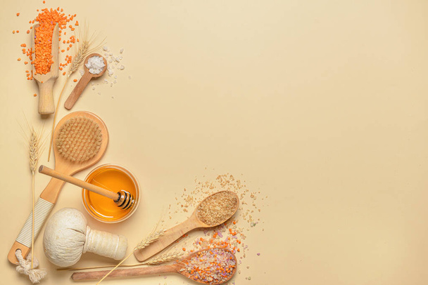 Composition with spa items and honey on color background - Photo, Image