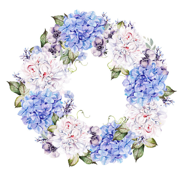 Watercolor colorful wreath with peony, hudrangea and anemone.   - Foto, Imagen