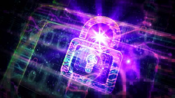 南京錠のシンボル未来的な3Dレンダリングイラストとサイバーセキュリティ。コンピュータの保護とインターネットの安全性の概念。深い3D視点での抽象的なラインシンボル. - 写真・画像