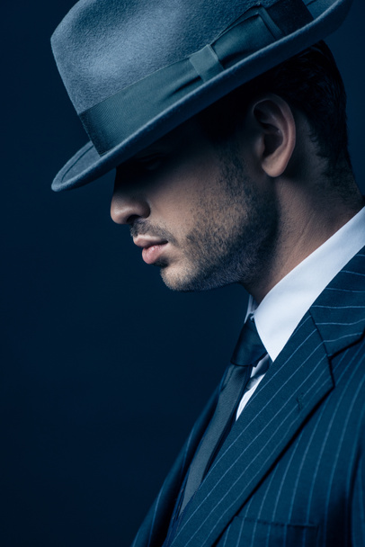 Profile of mafioso in suit and felt hat on dark background - Foto, Imagen