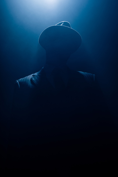 Silhouette of dangerous mafioso in suit and felt hat on dark background - Photo, image