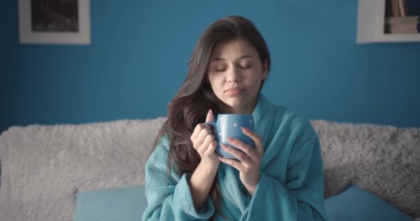 Woman Drinking Hot Coffee in Bed - Felvétel, videó