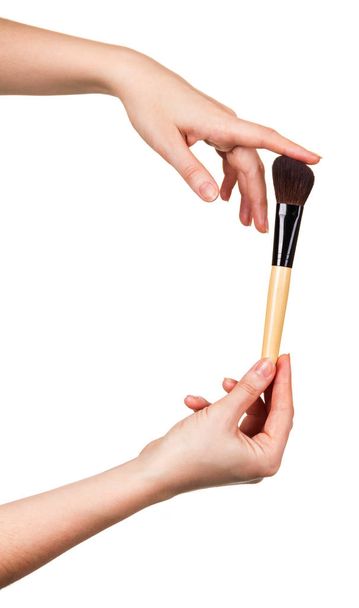 Wide cosmetic brush for applying makeup Foundation in woman hands isolated on white background - Foto, immagini