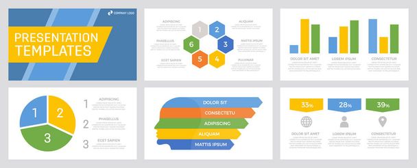 Набір жовтих, зелених, помаранчевих та синіх елементів для багатоцільових слайдів шаблонів презентації з графіками та діаграмами
. - Вектор, зображення