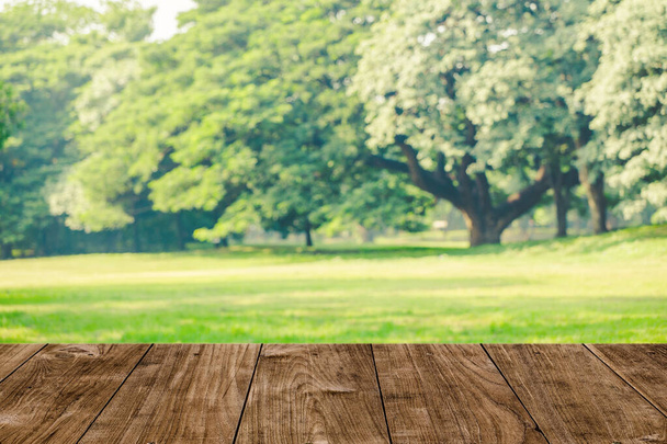 tavolo in legno con bellissimo parco verde prato con grande albero verde paesaggio vista per la natura prodotti pubblicità sfondo
 - Foto, immagini