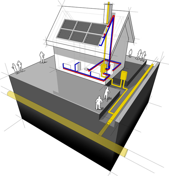 Dom z gazu ziemnego schemat ogrzewania i paneli słonecznych - Wektor, obraz