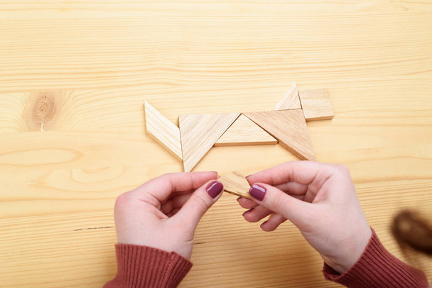 Girl collects a wooden tangram puzzle on a wooden table. Chinese tangram puzzle. Puzzle concept. - Foto, Imagem