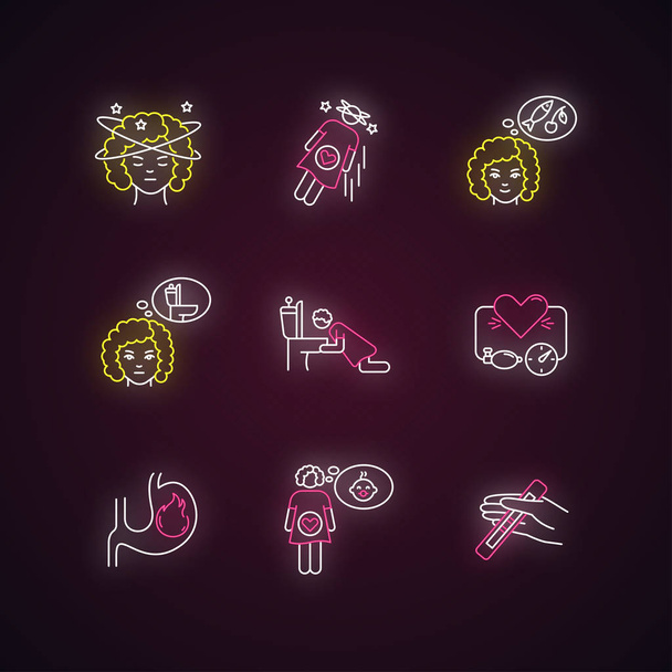Early pregnancy symptom neon light icons set. Feeling of dizziness. Frequent urination.Woman vomiting in bathroom. Signs with outer glowing effect. Vector isolated RGB color illustrations - Vector, Image