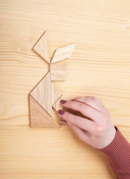 Girl collects a wooden tangram puzzle on a wooden table. Chinese tangram puzzle. Puzzle concept. - Photo, Image
