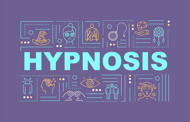 Banner de conceptos de palabras hipnosis. Hipnoterapia. Subconsciente. Infografías con iconos lineales sobre fondo púrpura. Tipografía aislada. Esquema vectorial Ilustración de color RGB
 - Vector, imagen
