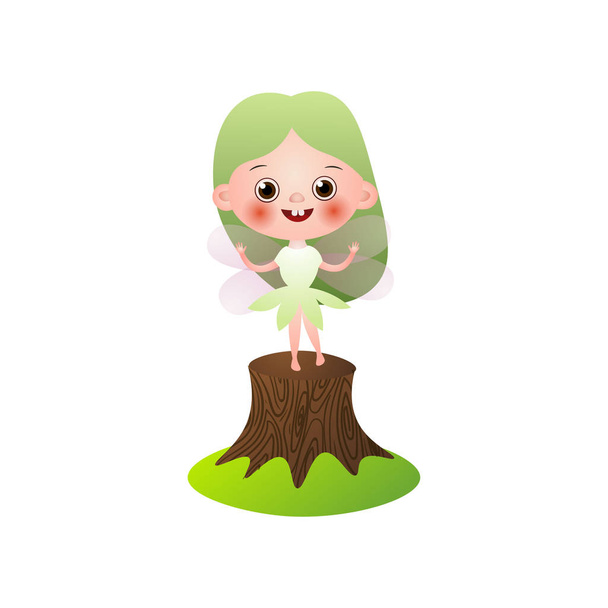 Smiling fairy girl with green hair stay on stump - Wektor, obraz