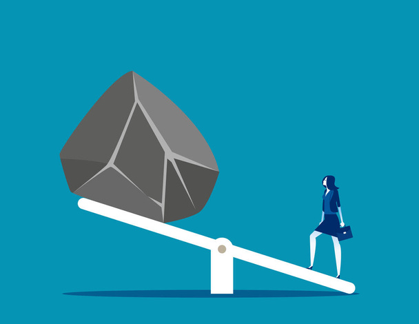 Woman with huge stones on seesaw. Concept business balance vector illustration,  Rock, Pushing - Vector, Image
