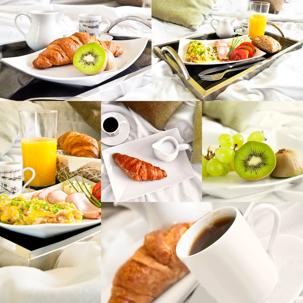 Healthy breakfast served to bed - collage of six photos - Photo, Image