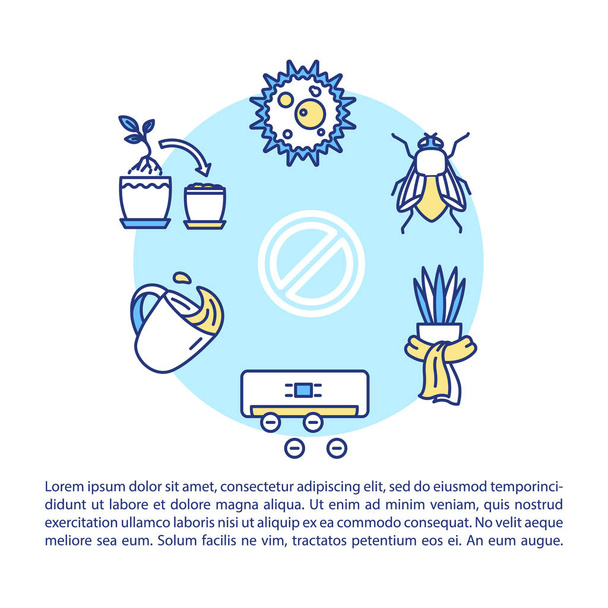 Gardening problems concept icon with text. Pests, microbes. Repotting, overwatering. Cold conditions. PPT page vector template. Brochure, magazine, booklet design element with linear illustrations - Vetor, Imagem