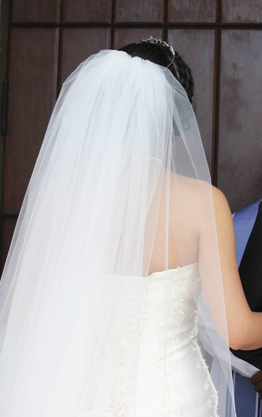 Vue arrière d'une mariée dans une robe de mariée et long, voile coulant
  - Photo, image