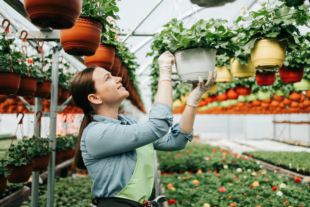 Happy and positive young adult woman working in greenhouse and enjoying in beautiful flowers. - Foto, imagen