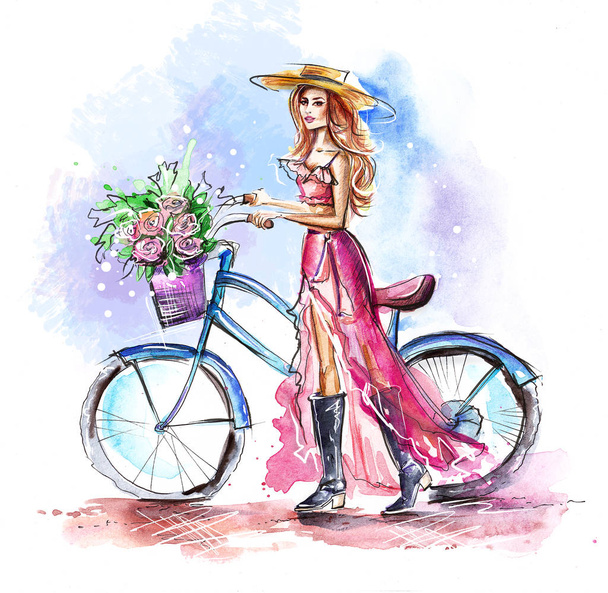 Υδατογραφία Σκίτσο του Beautiful Young Girl κρατώντας ένα ποδήλατο με τριαντάφυλλα στο καλάθι. Χαριτωμένο πολύχρωμο και ευτυχισμένη εικονογράφηση μόδας. Διακοπές, Εξοχή, Καλοκαίρι και Ευτυχία. Χειροποίητη τέχνη - Φωτογραφία, εικόνα