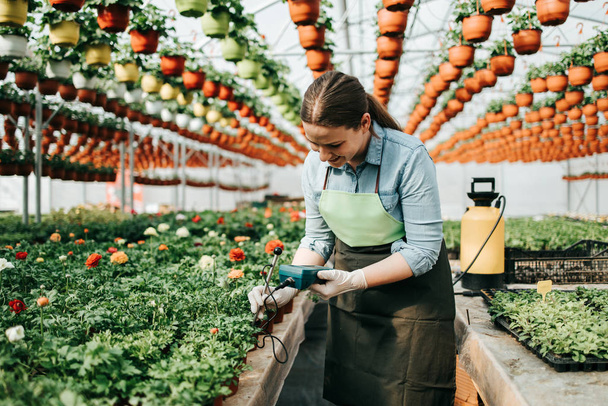 Happy and positive young adult woman working in greenhouse and enjoying in beautiful flowers. - Foto, Imagem