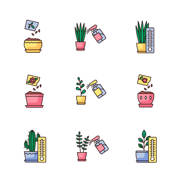 Houseplant care RGB color icons set. Indoor gardening process. Domestic plant cultivation. Spraying, misting plants. Planting seeds. Providing air temperature conditions. Isolated vector illustrations - Wektor, obraz