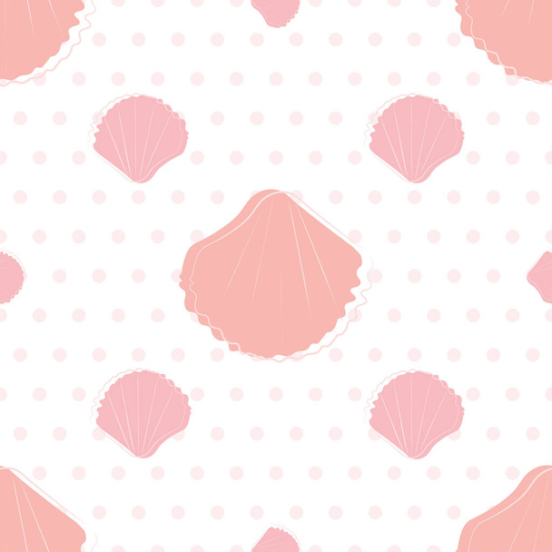 Sea shells on sand seamless vector pattern background. Hand drawn line art. Modern mussel repeat on baby pink polka dot backdrop. Aquatic illustration all over print for summer vacation concept. - Vector, Image