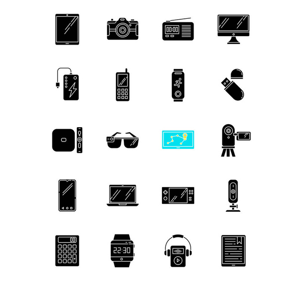 Mobile devices black glyph icons set on white space. Handheld small electronic gadgets. Technology. Smartphone, laptop, computer. E-readers. Cameras. Silhouette symbols. Vector isolated illustration - Vector, Image