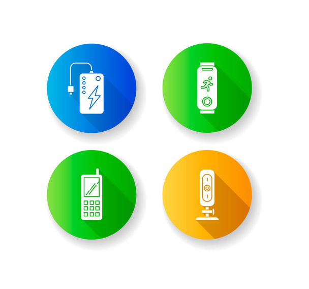 Mobile devices flat design long shadow glyph icons set. Pocket gadgets. Smart technology. Powerbank. Fitness tracker. Cell phone, web camera. Compact digital tools. Silhouette RGB color illustration - Vecteur, image