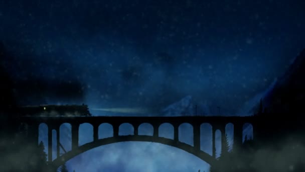 Tren cruza el puente de montaña en una noche nevada
 - Metraje, vídeo