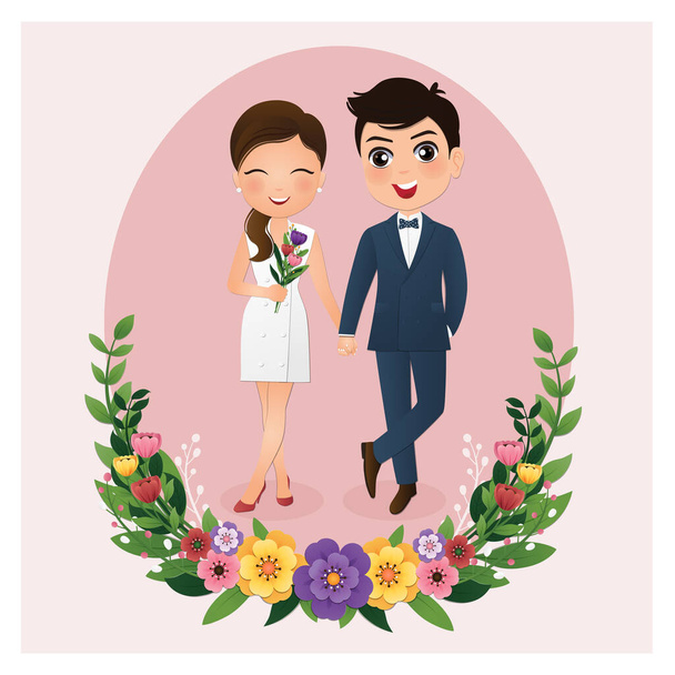 Свадебная пригласительная карта невесты и жениха Символ милой пары мультфильм.
  - Вектор,изображение