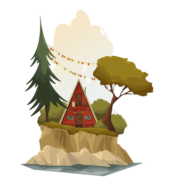 Niedliches kleines Holzhaus am Fluss im Wald. Norwegisches Rotes Haus. Vector Cartoon Illustration - Vektor, Bild