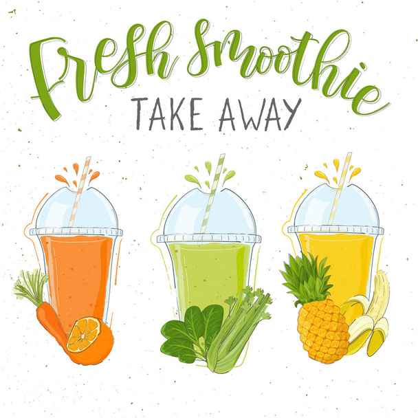 Fresh smoothie in different cups. Take away. Superfoods and health or detox diet food concept in doodle style. - ベクター画像