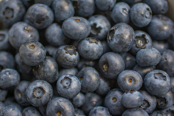 Texture of blueberry berries close up. Fresh blueberry background. - Foto, imagen