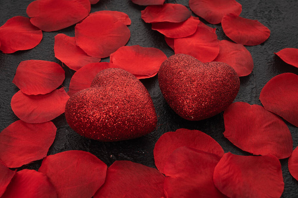Red Heart  With  Roses. Rose petals with two heart  - love concept  - Fotoğraf, Görsel