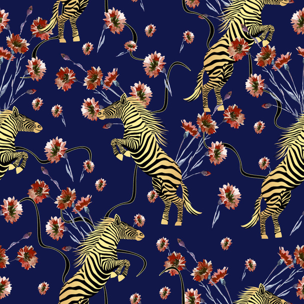 Goudkleurige zebra met rode aquarelbloemen op donkerblauwe achtergrond. Naadloze dierenprint.Springen. - illustratie - Foto, afbeelding