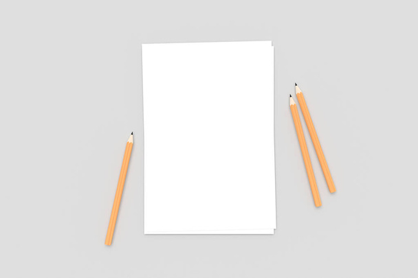 3D rendering, top view of a4 size paper mock up template for you art design with drawing pencil, isolated on white background. - Foto, Bild
